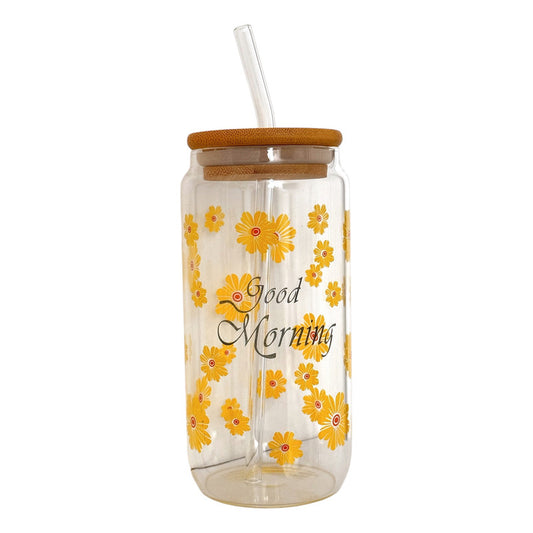 Vaso De Vidrio Con Tapa Bambú Y Bombilla Reutilizable 550ml